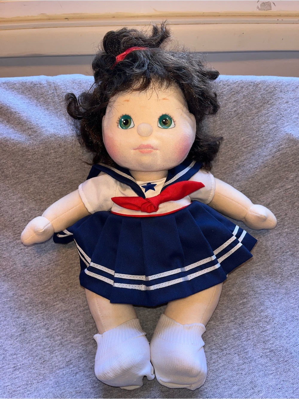 Vintage Mattel My Child Doll Brunette Curly Green Eyes Sailor Dress 1980’s